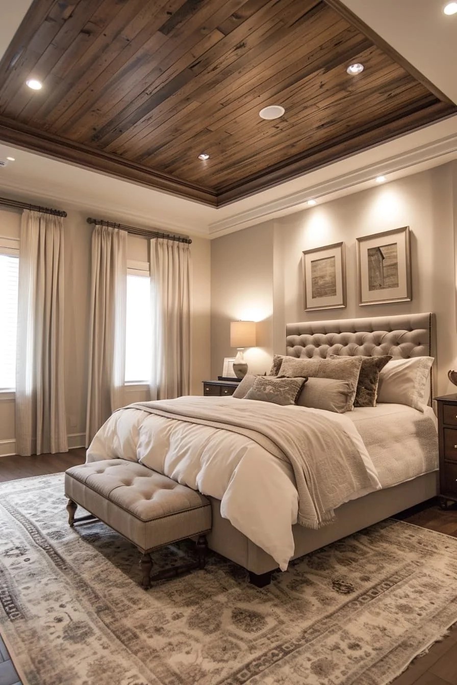 Elegant Master Bedroom Featuring a Wood Panel Tray Ceiling