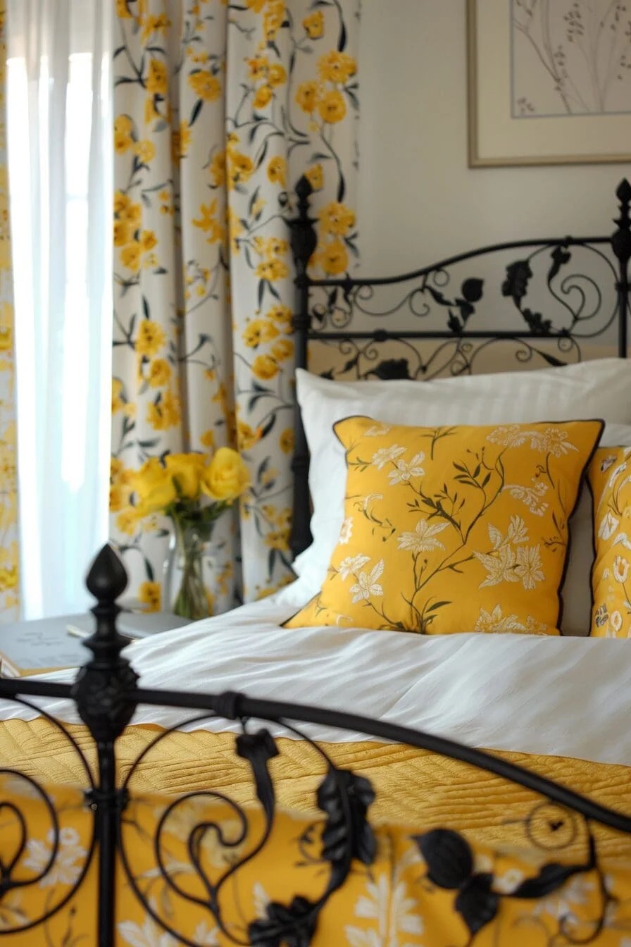 Yellow and Black Wrought Iron Headboard