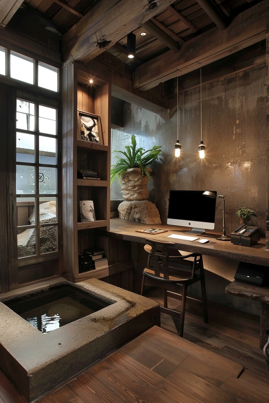 Zen-Inspired Home Office With A Water Feature