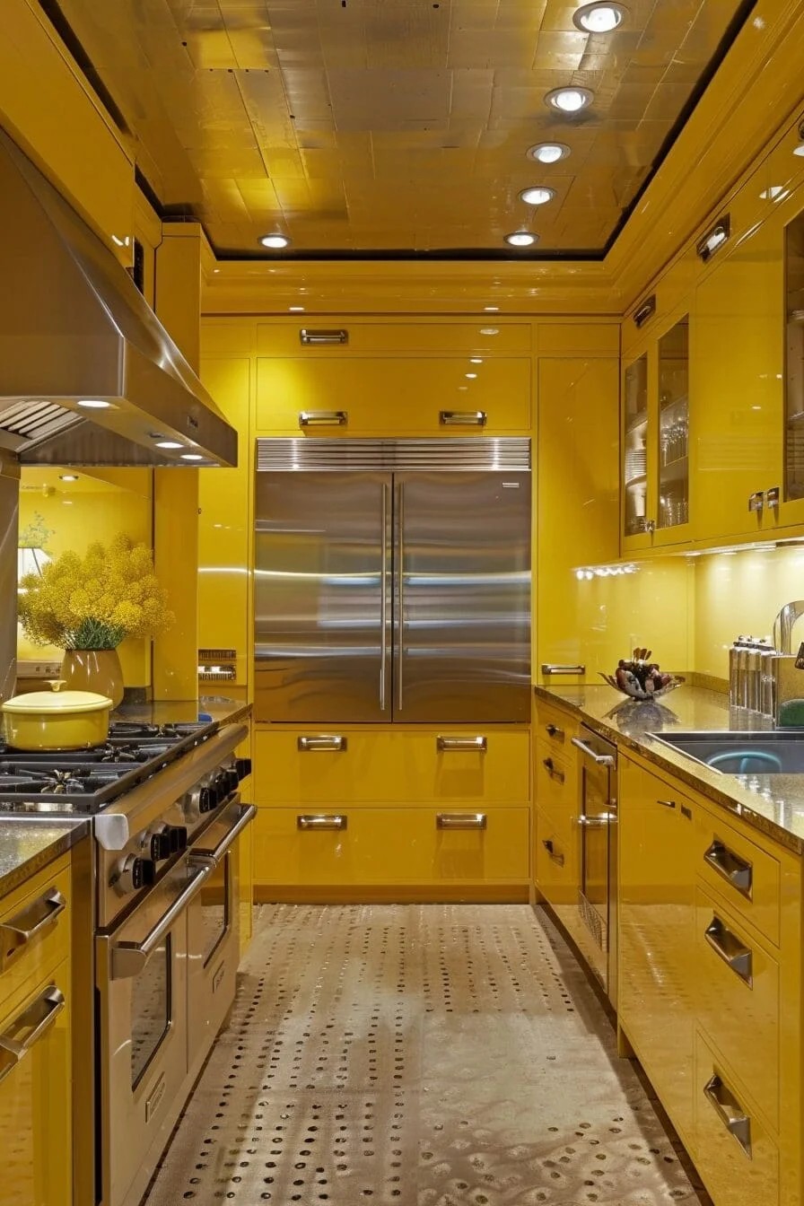 Yellow Kitchen with Stainless Steel Appliances