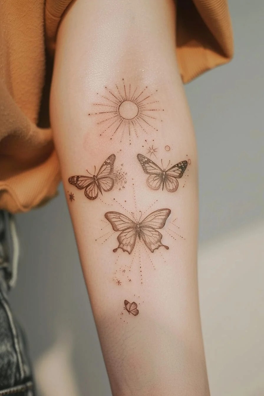 Butterfly with a Sun: Represents warmth, happiness, and the pursuit of one’s dreams