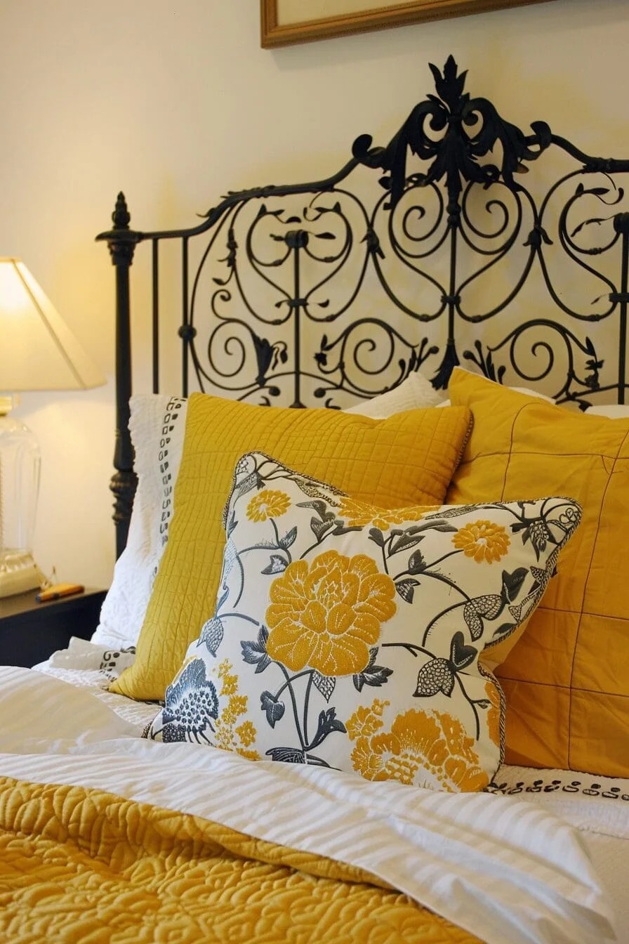 Yellow and Black Wrought Iron Headboard