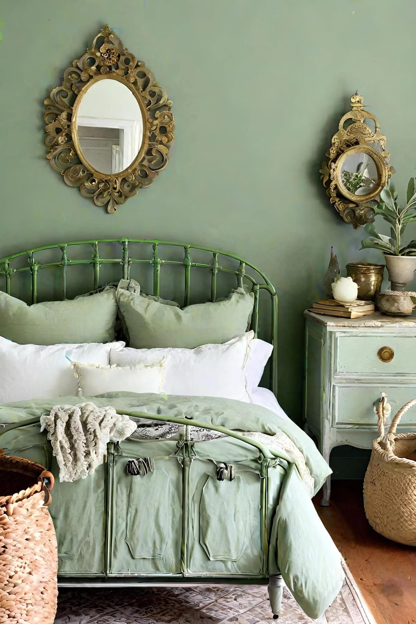 Vintage-Chic Sage Green Bedroom With Antique Finds