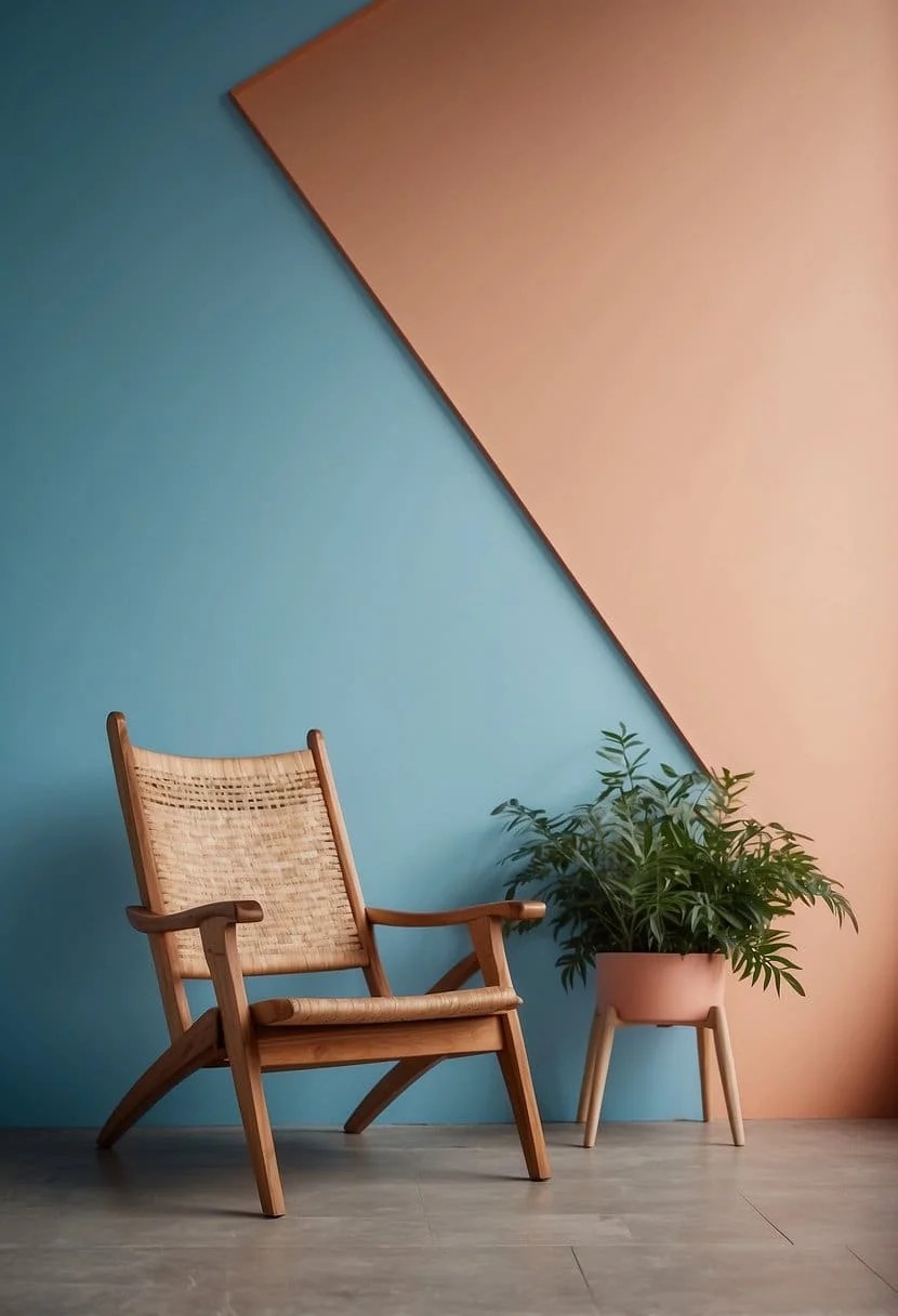 Peach and Sky Blue Accent Wall with A Wooden Chair