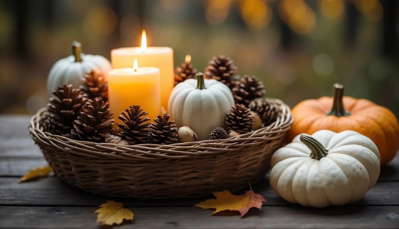 Rustic White Pumpkin and Pinecone Basket