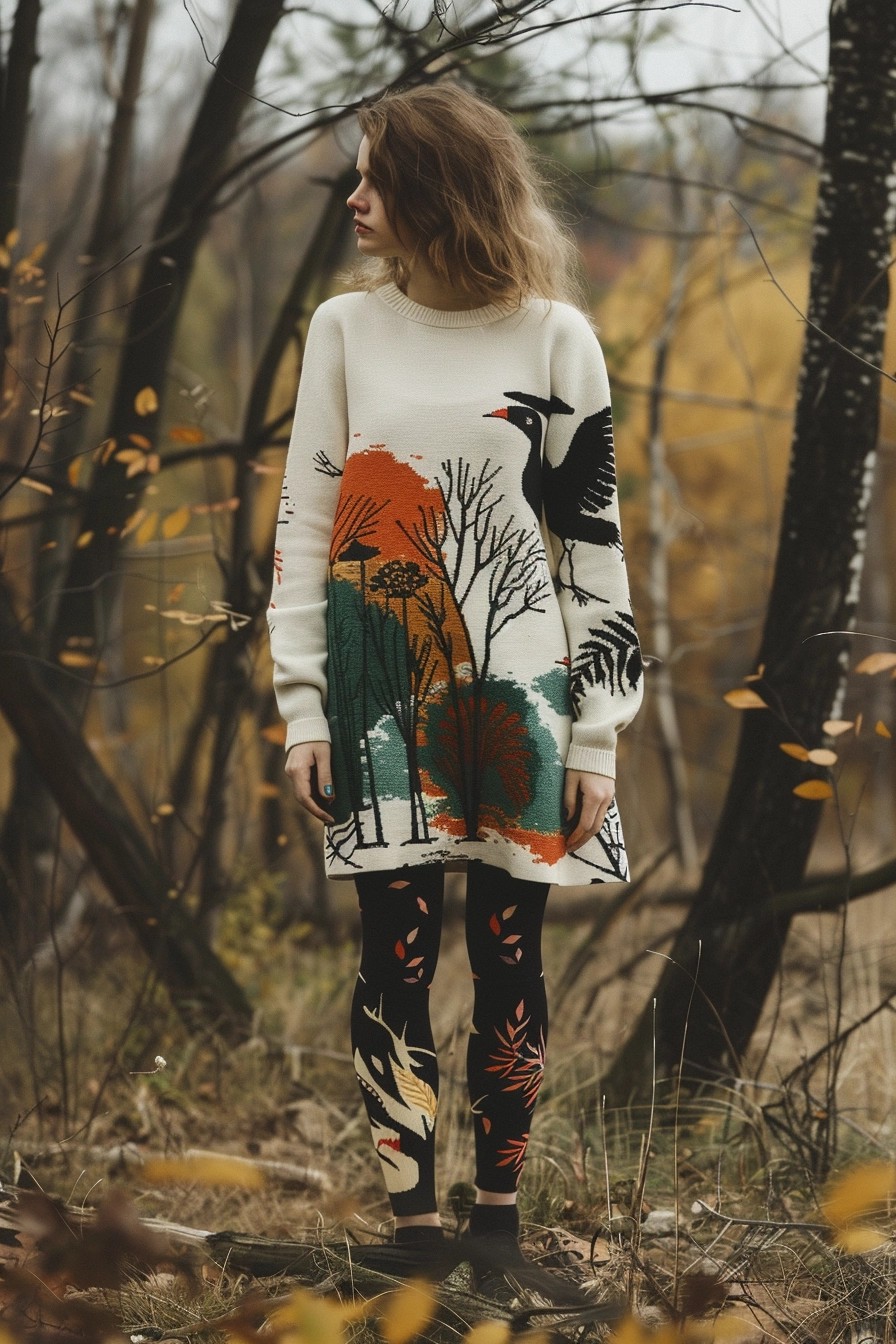 Printed Sweater Dress With Tights