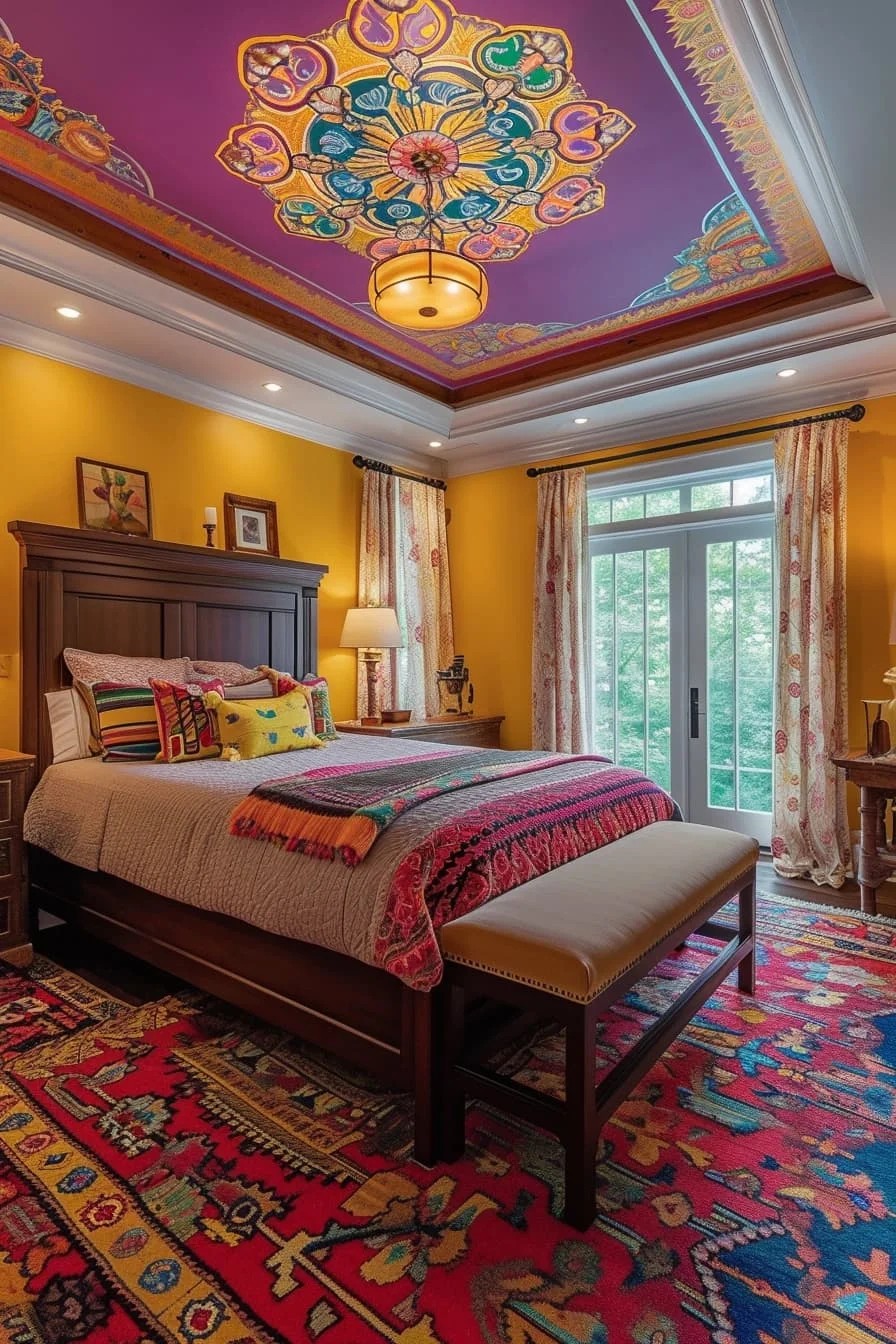 Eclectic Master Bedroom with Vibrant Painted Tray Ceiling