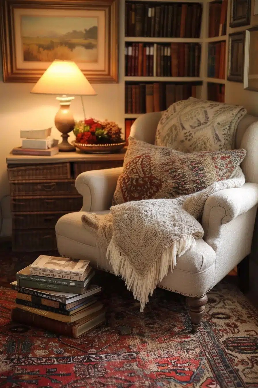 Create a Cozy Reading Nook with a Plush Armchair, a Stack of Books, and a Table Lamp