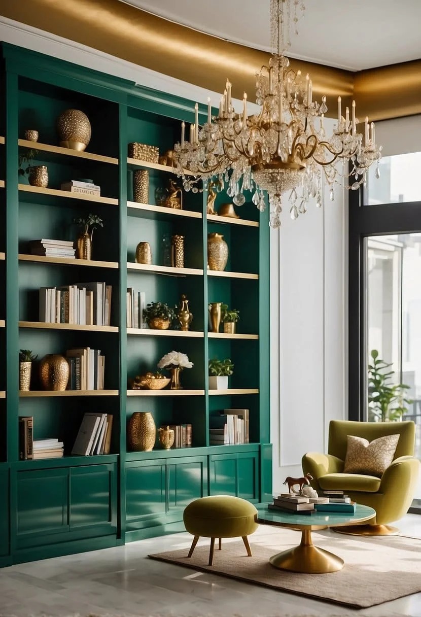 Jade Green Bookshelves and Gold Decor Pieces