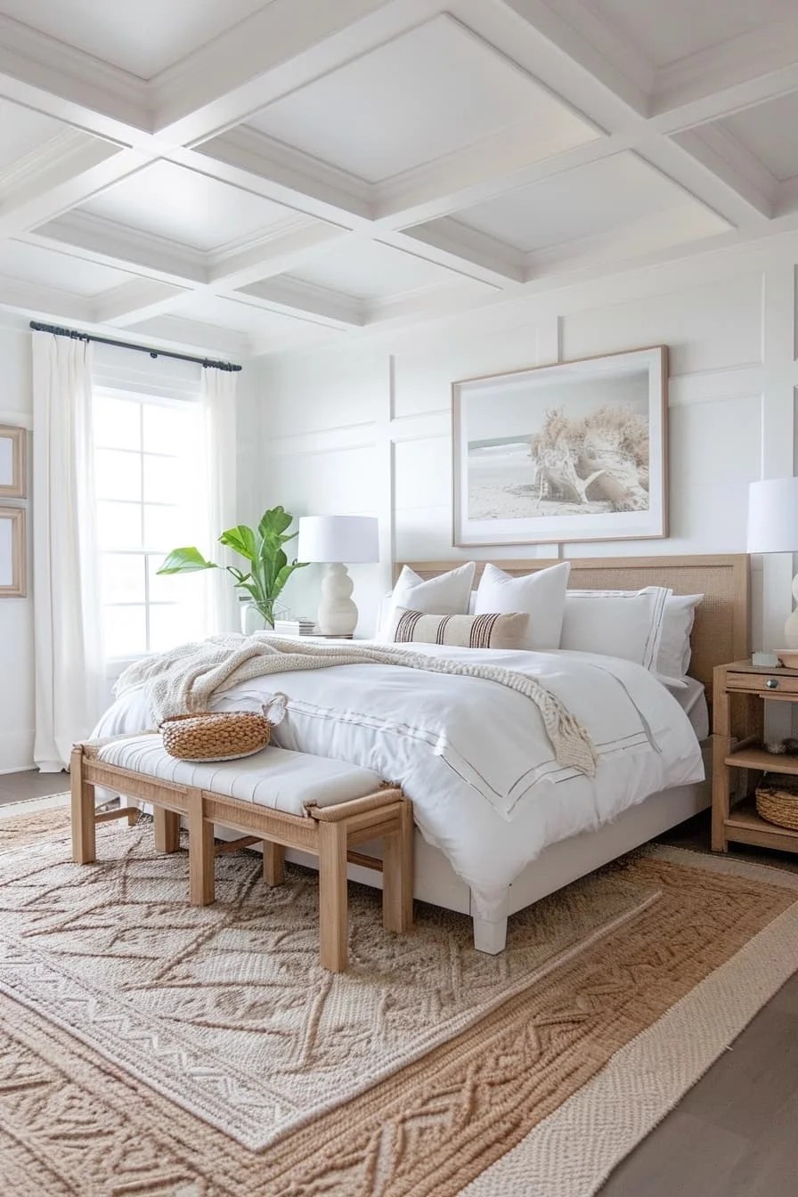 Coastal Inspired Master Bedroom with White Tray Ceiling