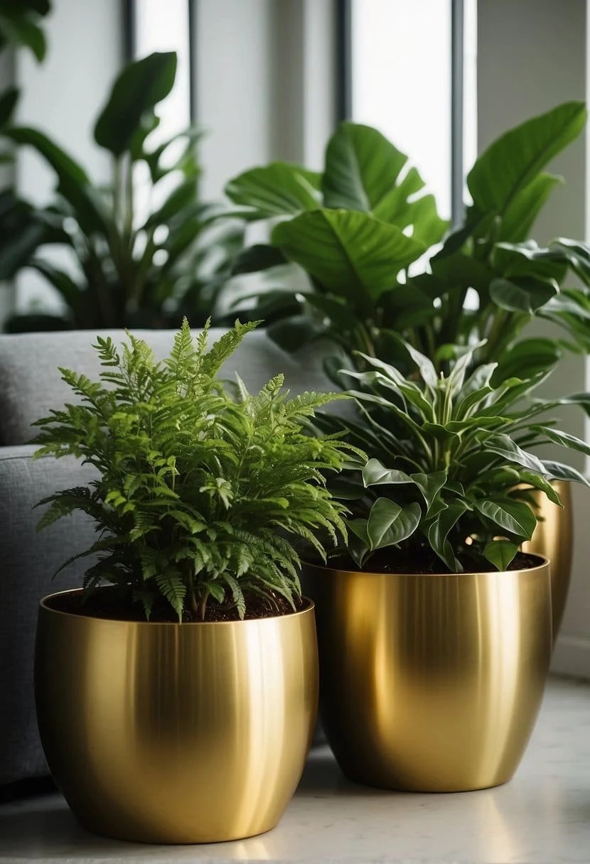 Tropical Green Plants and Gold Planters