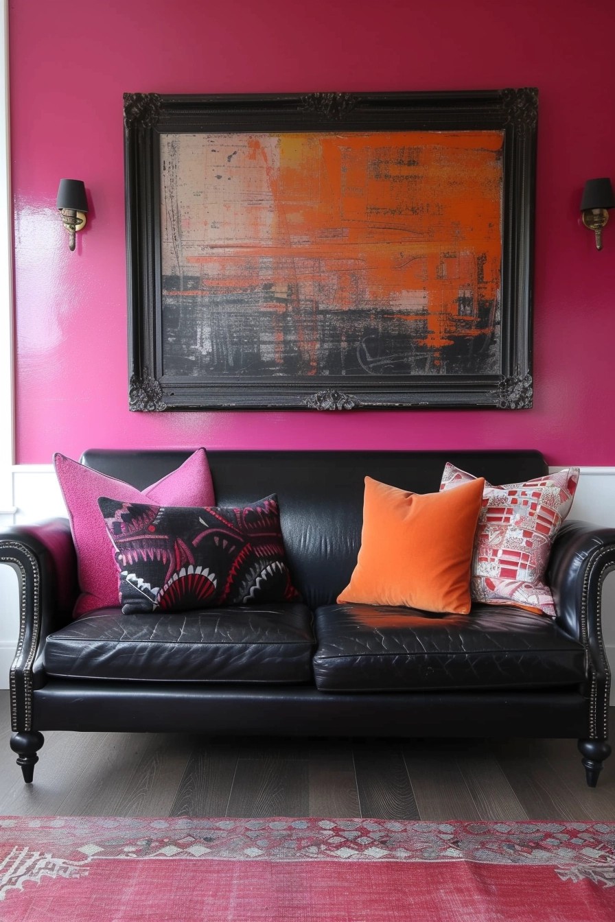 Bold Pink Accent Wall With Black Furniture