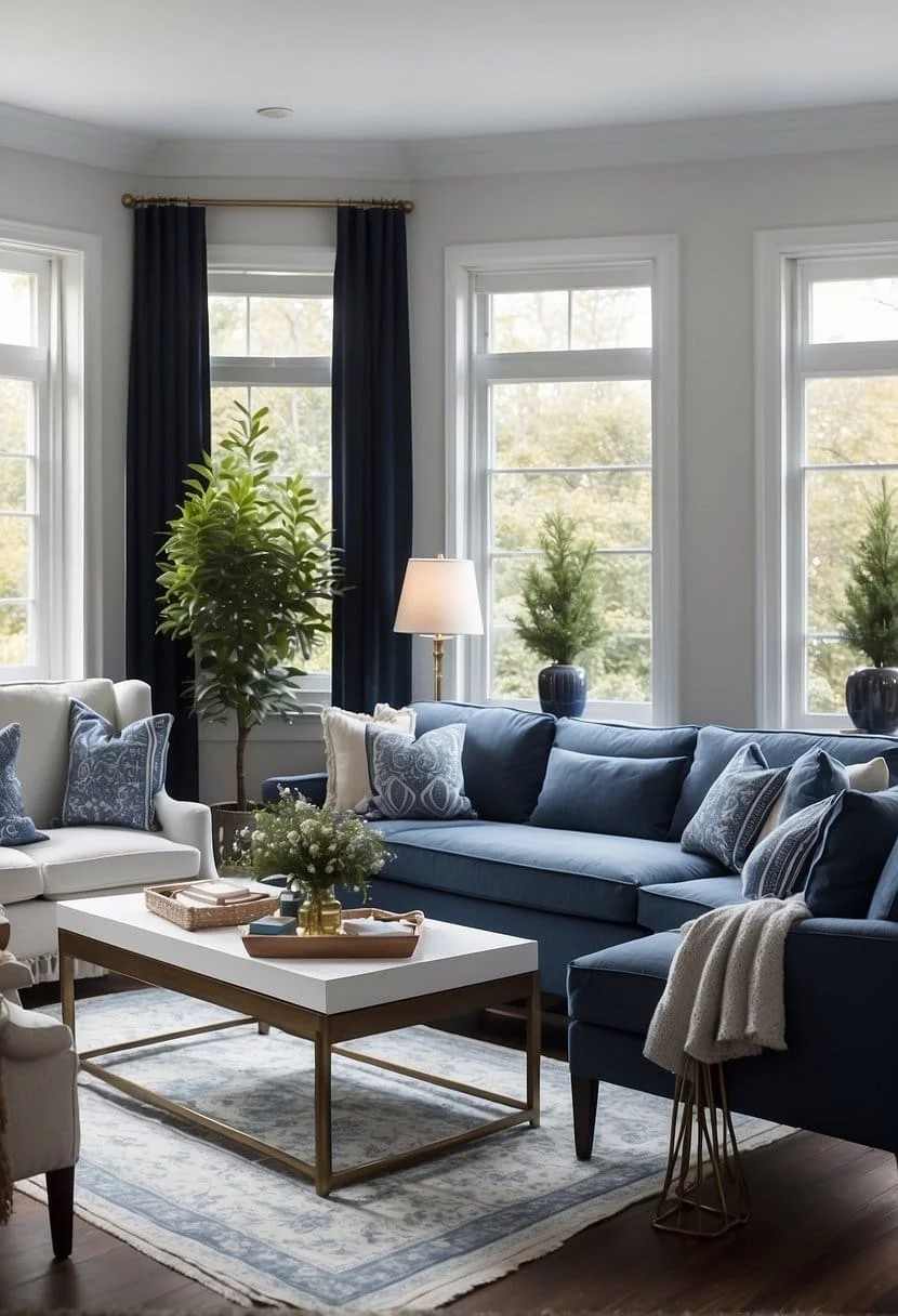 Creamy White Living Room With Blue Accents