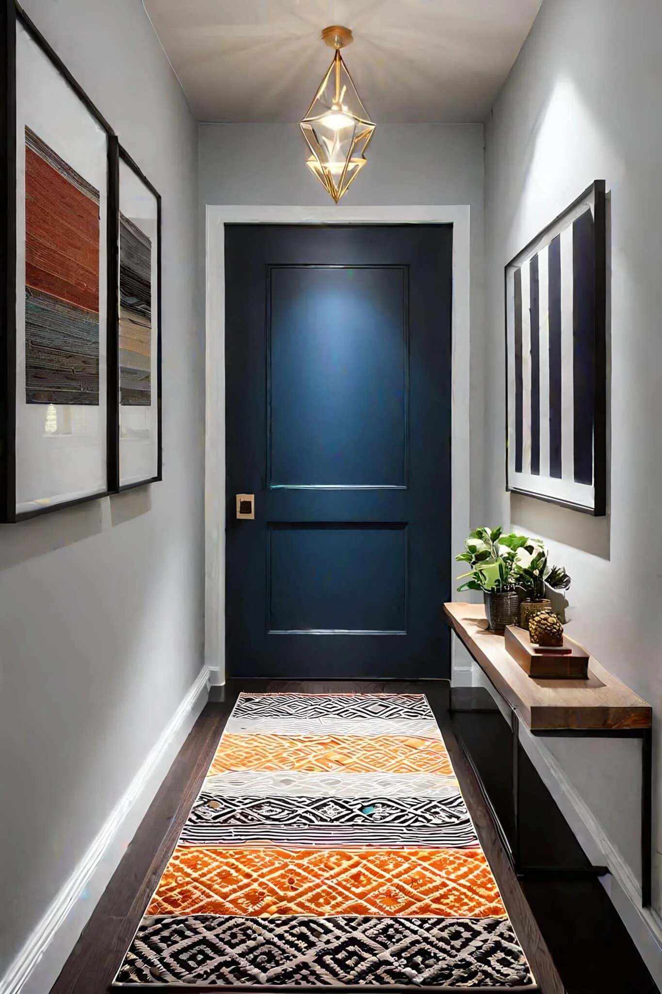 Modern Small Hallway With Geometric Rug And Accent Lighting