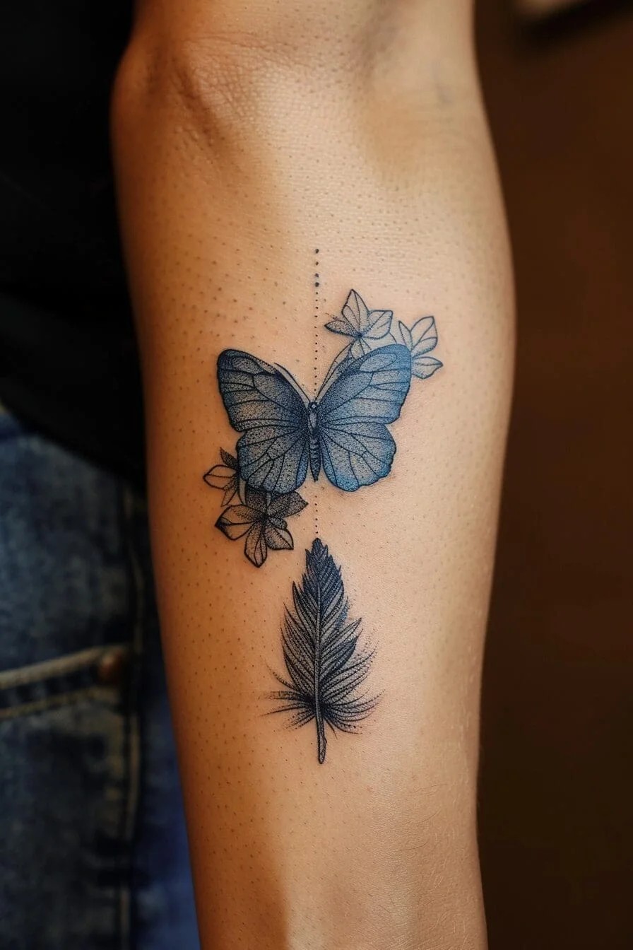 Butterfly with a Feather: Represents lightness, freedom, and the pursuit of one’s dreams