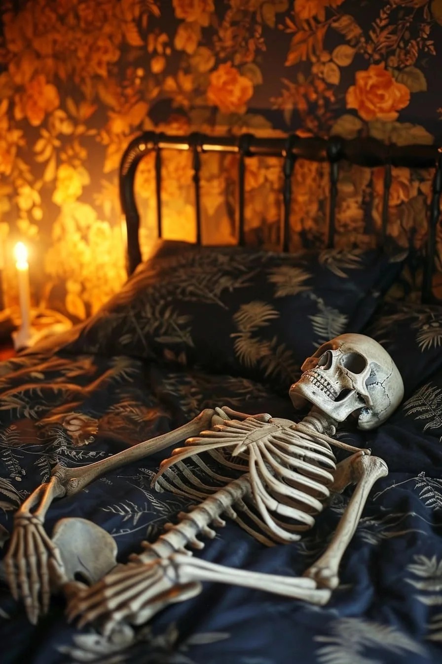 A Halloween Bedroom with a Skeleton Decor