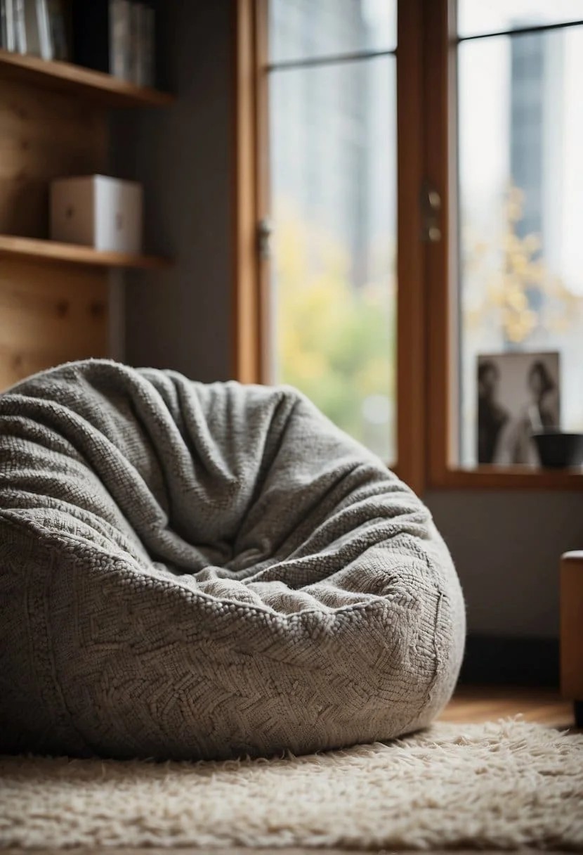 Bean Bag in A Corner with A Rug and Blanket