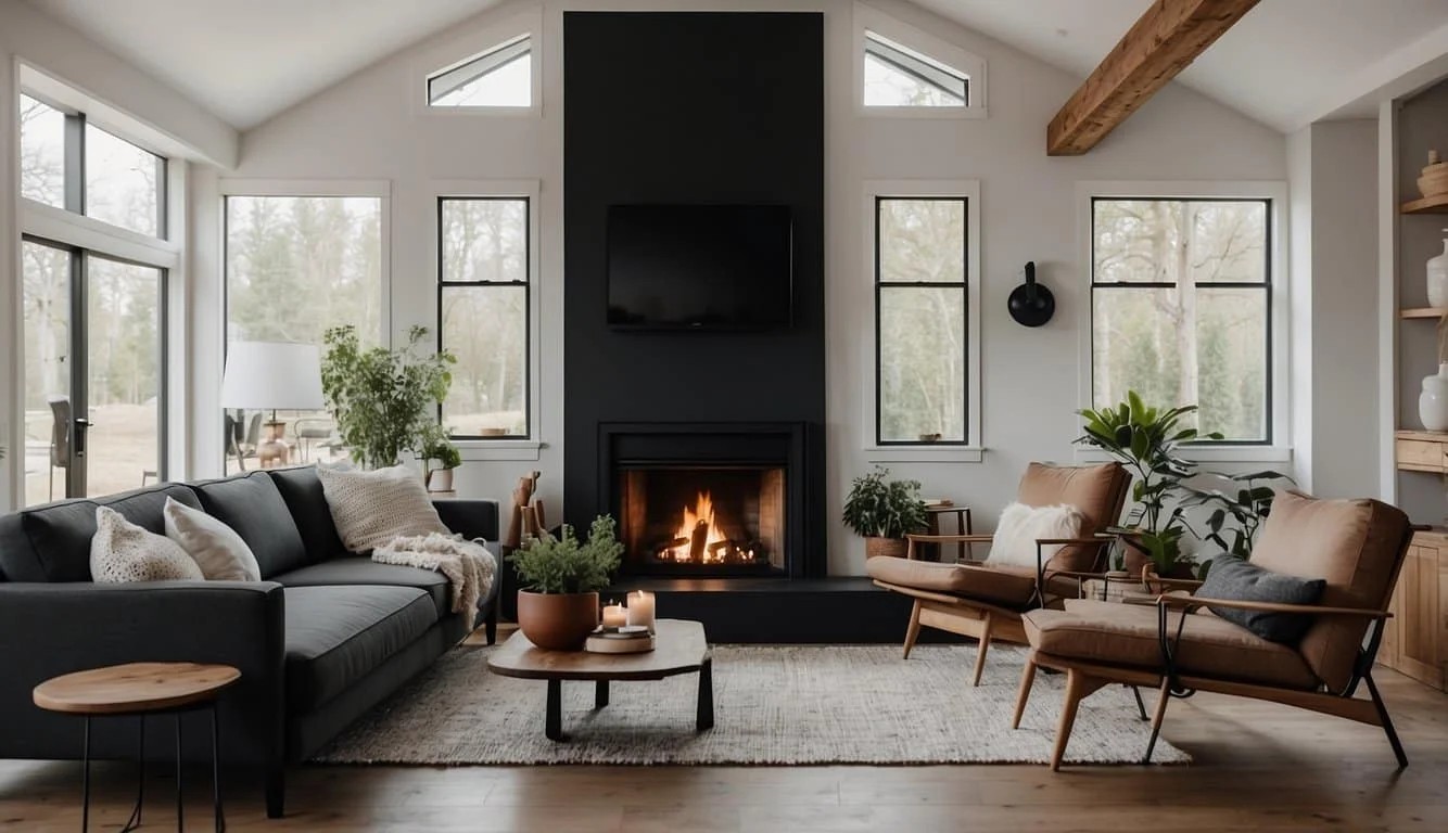 Modern Black Fireplace In A Farmhouse Living Room