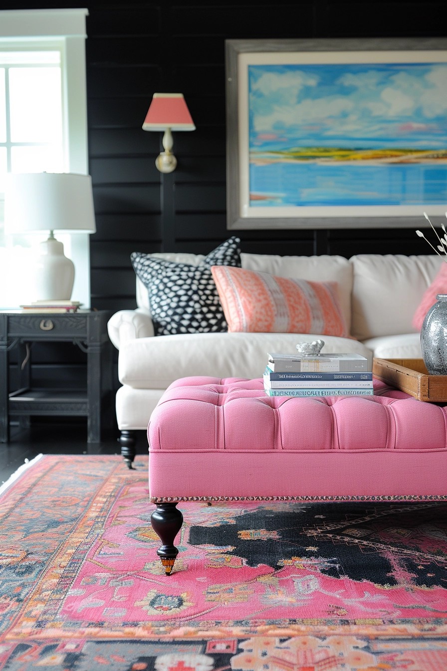 Pink Upholstered Ottoman In Black Living Room