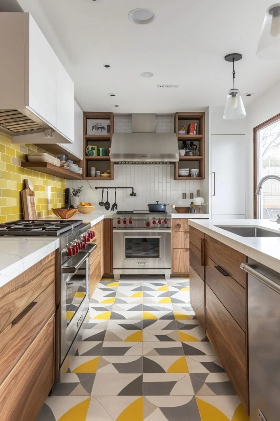 Geometric Yellow and Gray Floor Tiles