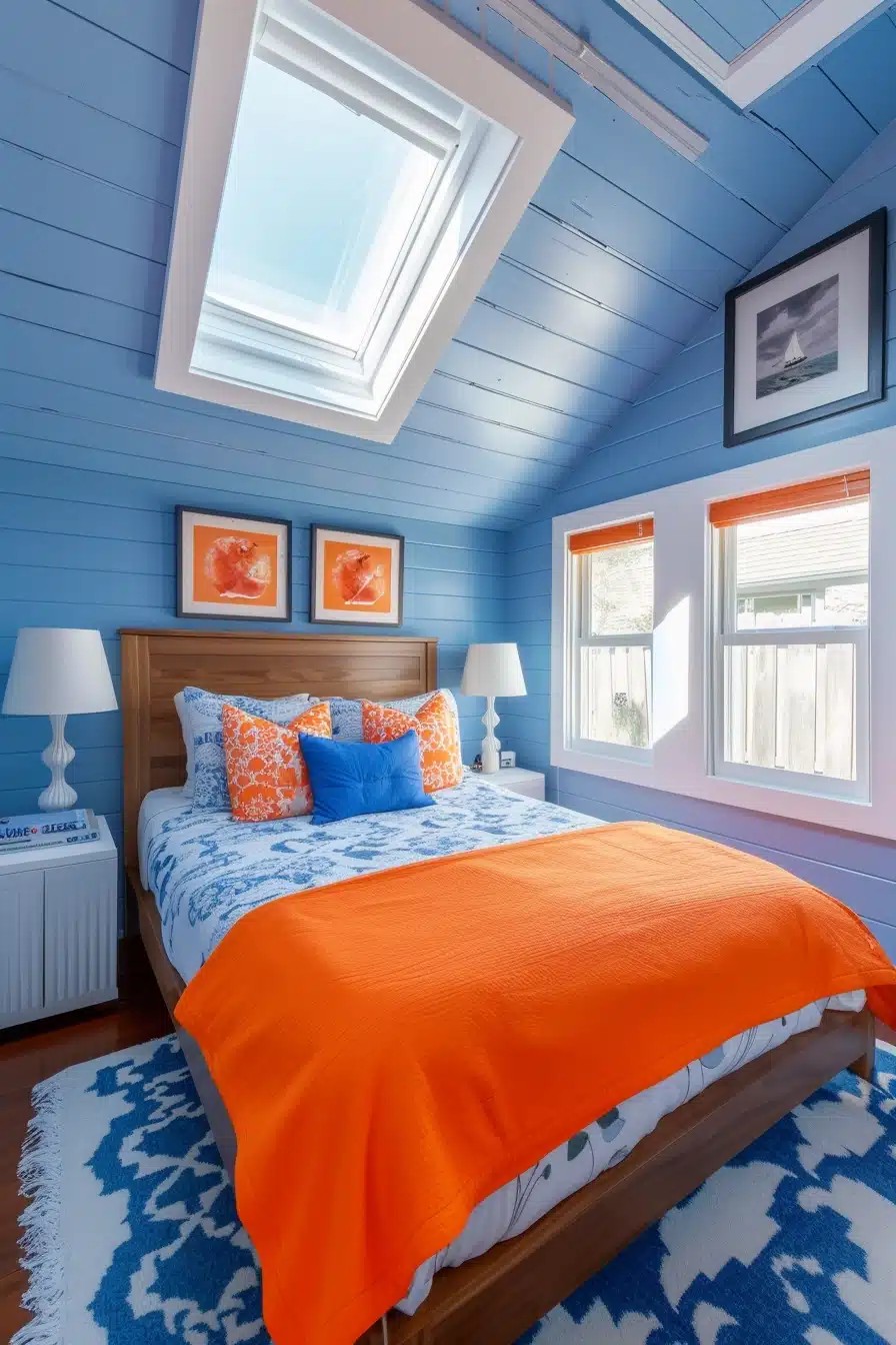 Simple Blue and Orange Bedroom