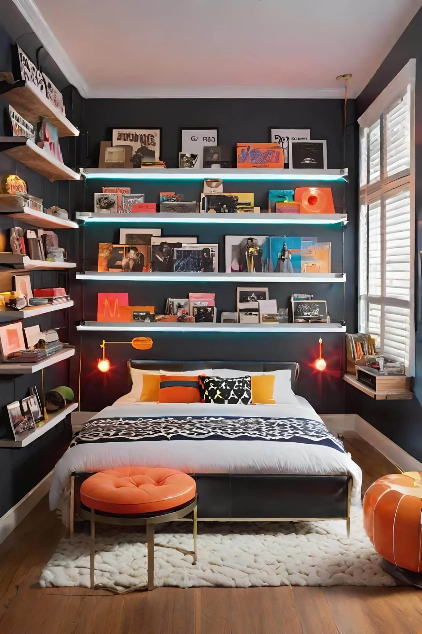 Retro Small Shared Bedroom With Neon Signs And Classic Vinyl Records