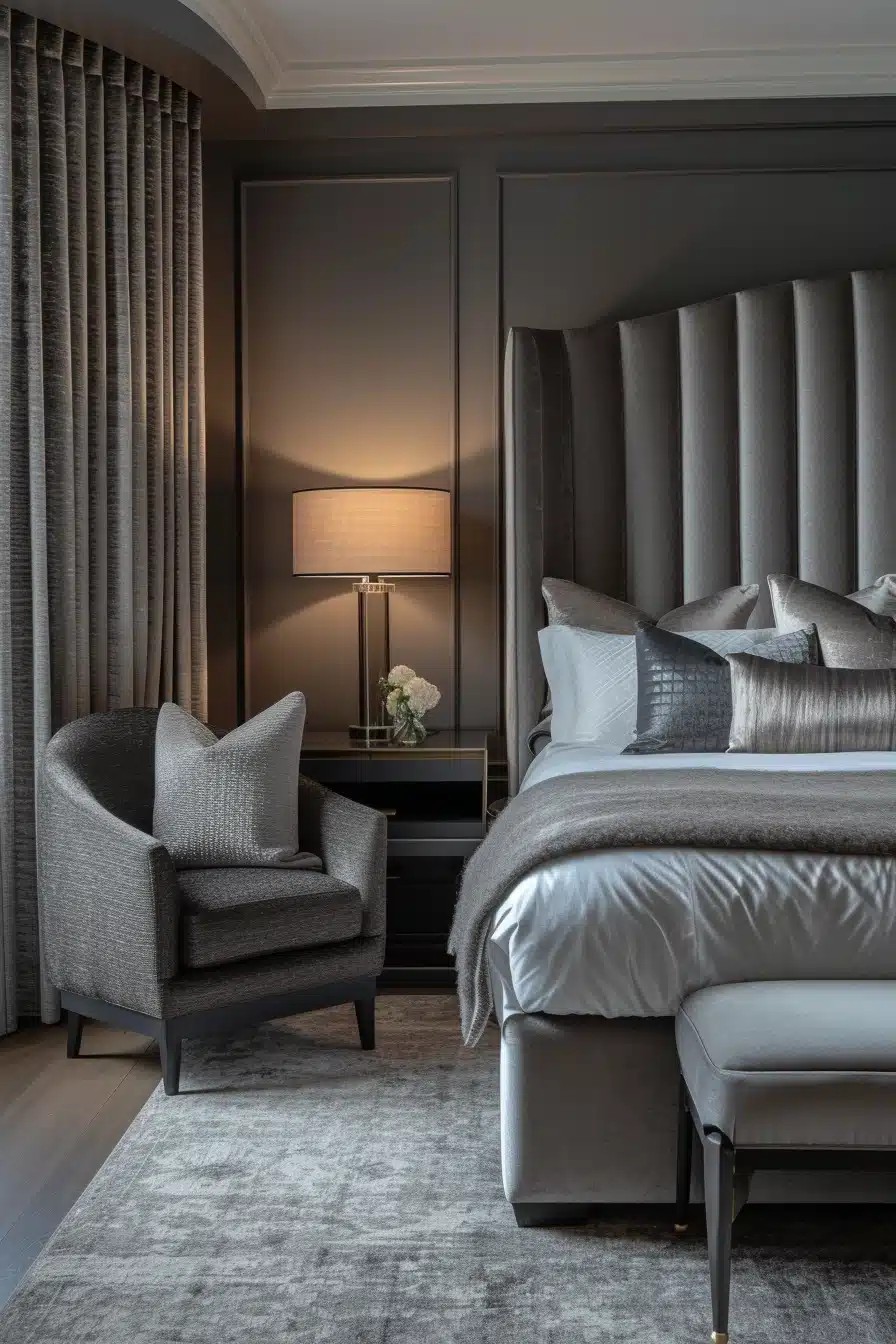 Grey Headboard With Accent Chair