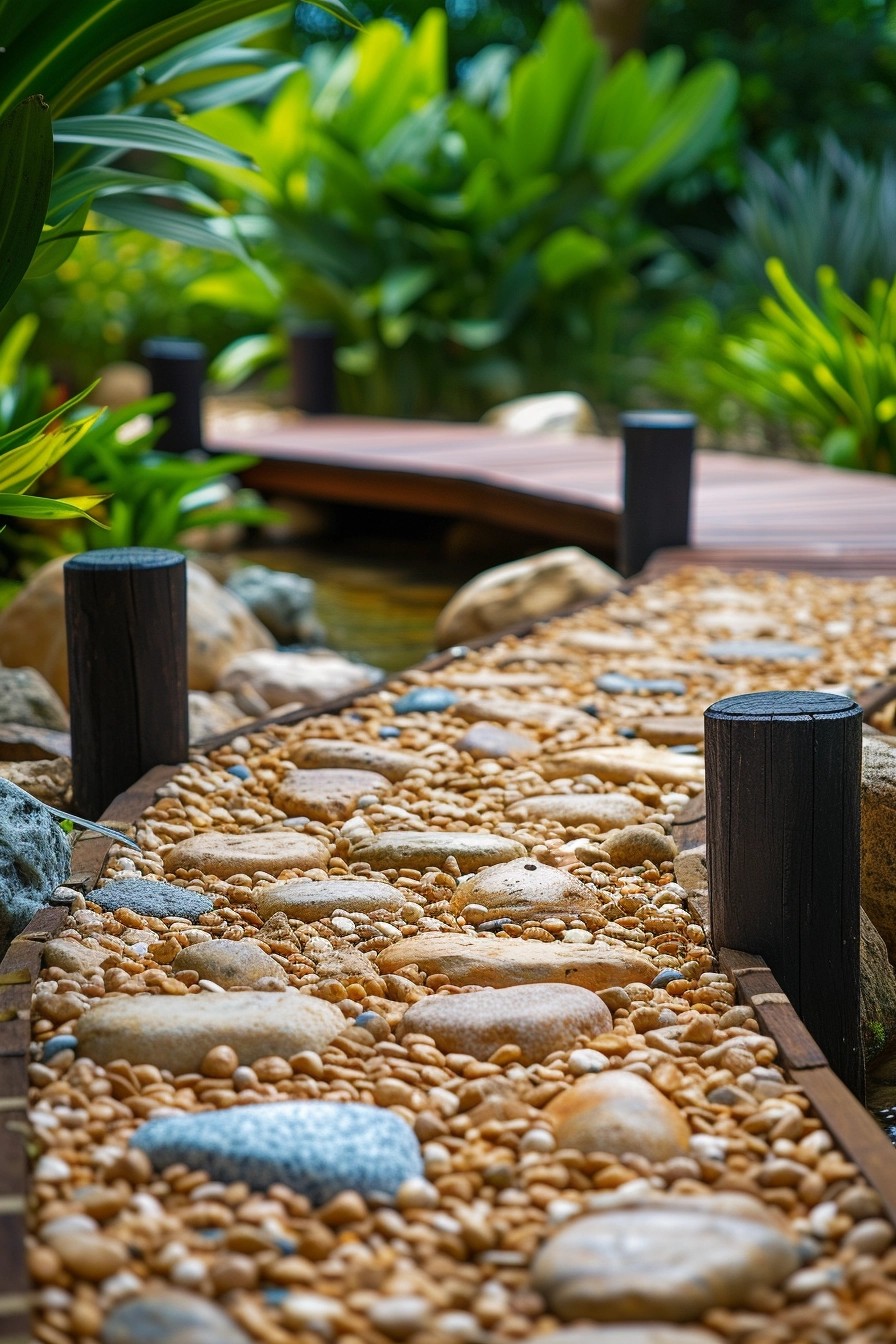 Construct a Pebble and Timber Bridge Over a Water Feature