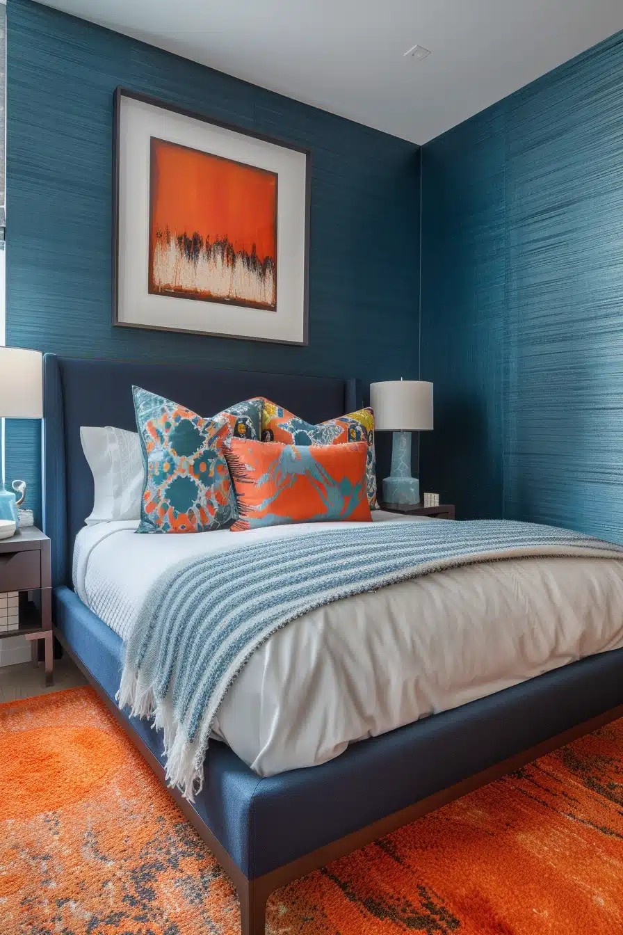 Contemporary Blue and Orange Bedroom