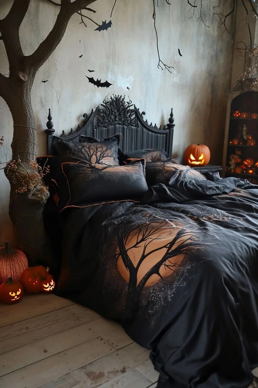 A Halloween Bedroom with Spooky Halloween Bed Linens