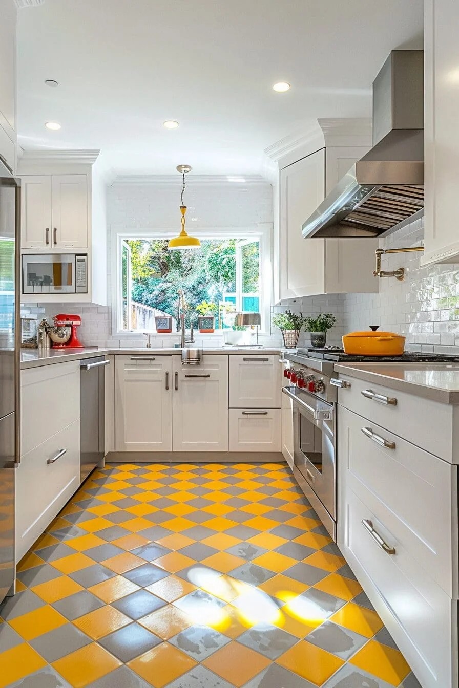 Geometric Yellow and Gray Floor Tiles