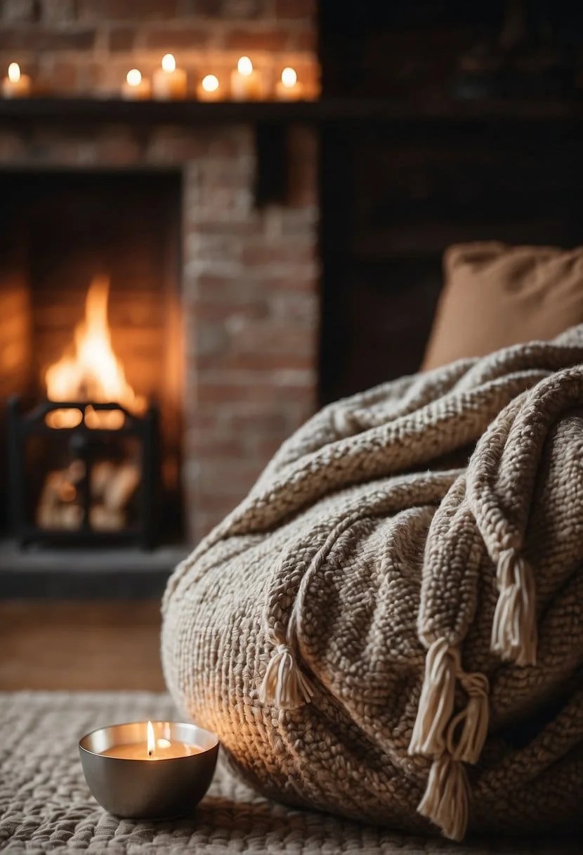 Bean Bag by A Fireplace with A Side Table and Throw Blanket