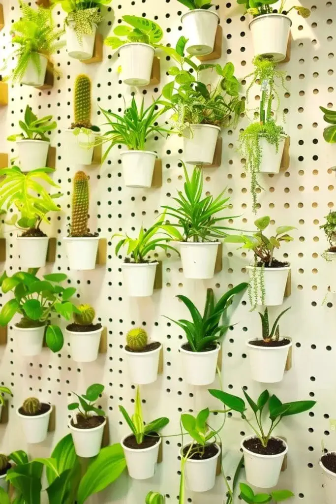 Attach small pots or planters to a pegboard mounted on the wall for a customizable vertical garden.