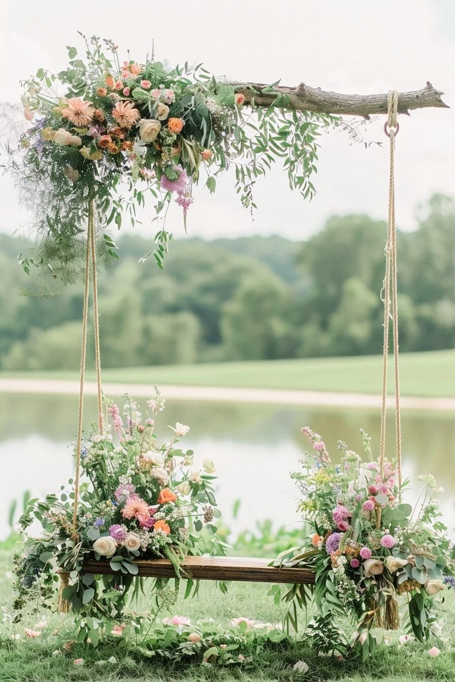 A Summer Wedding with A Whimsical Swing Photo Backdrop