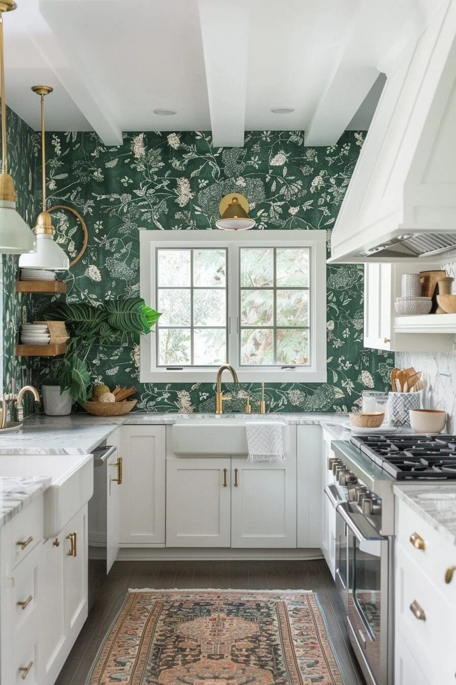 Green Wallpaper with Botanical Prints