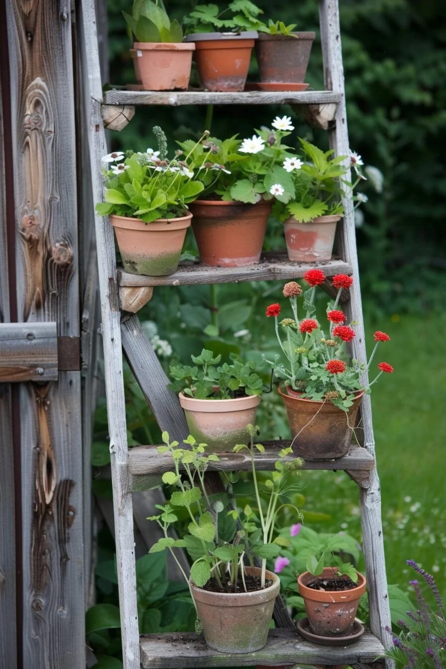 Repurpose an old wooden ladder by attaching pots or planters to the rungs for a rustic vertical garden.