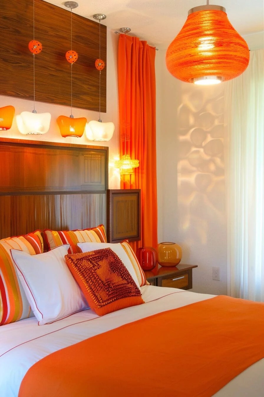 Wood Headboard with Orange Accents