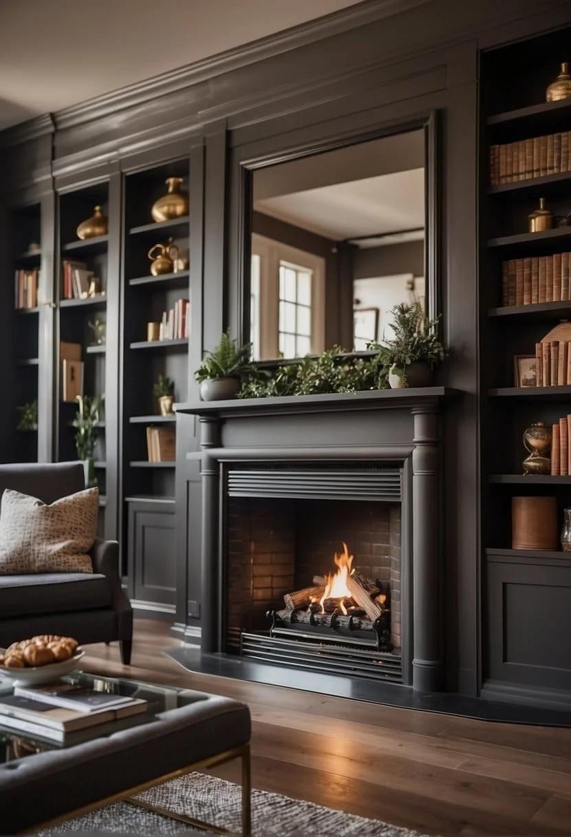 Fireplace Tucked Within Built-In Bookshelves On Accent Wall