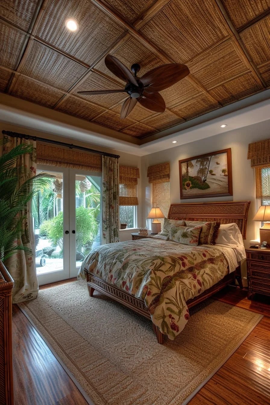 Tropical Master Bedroom with Bamboo Style Tray Ceiling