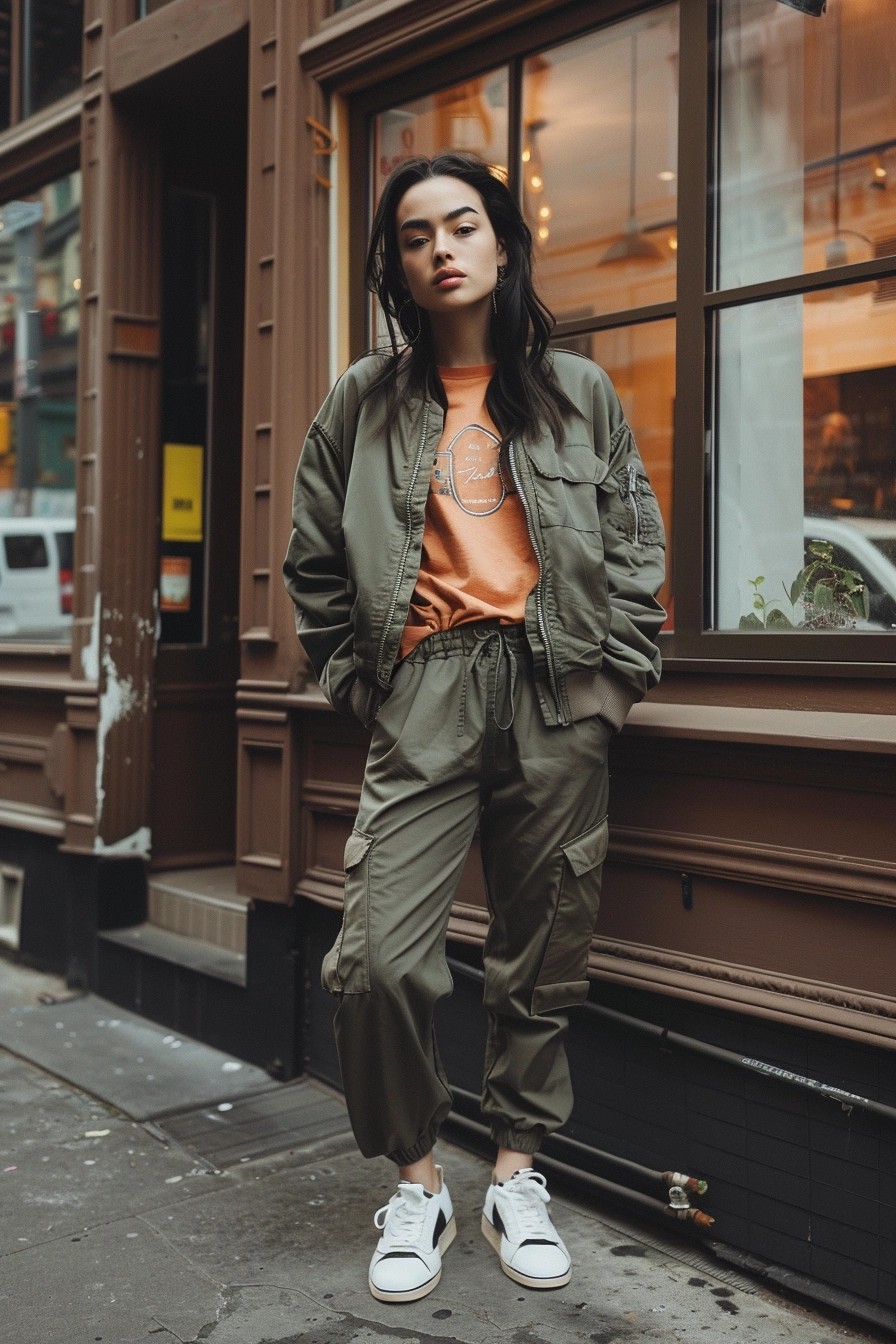 Bomber Jacket, T-shirt, and Cargo Pants