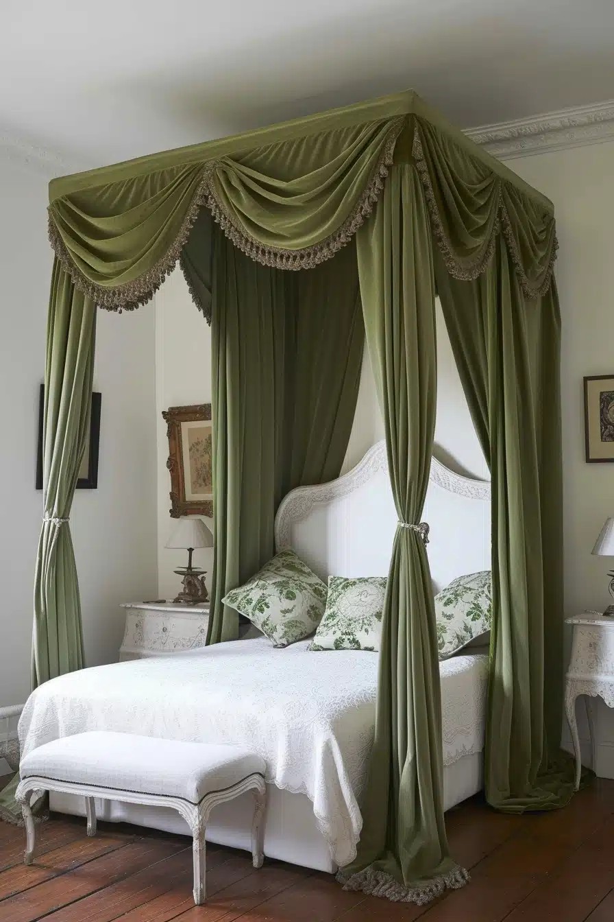 Create a Canopy Bed with Green Drapery