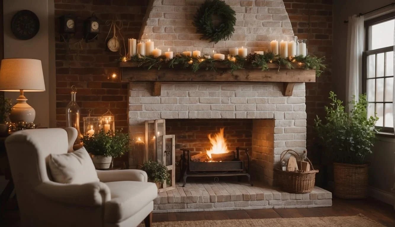 Whitewashed Brick Fireplace In Farmhouse Style