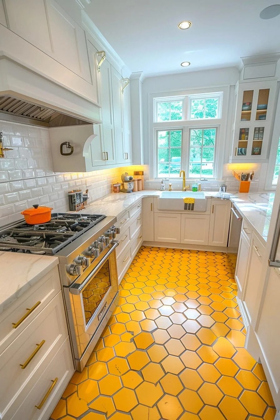 Honeycomb Yellow Tile Kitchen Floor