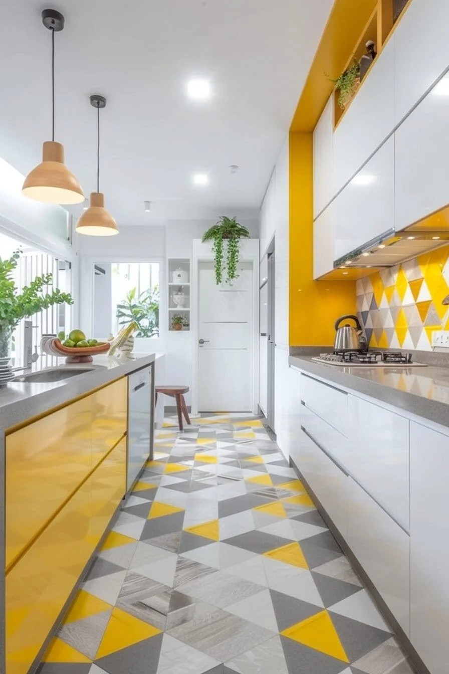 Geometric Yellow and Gray Floor Tiles