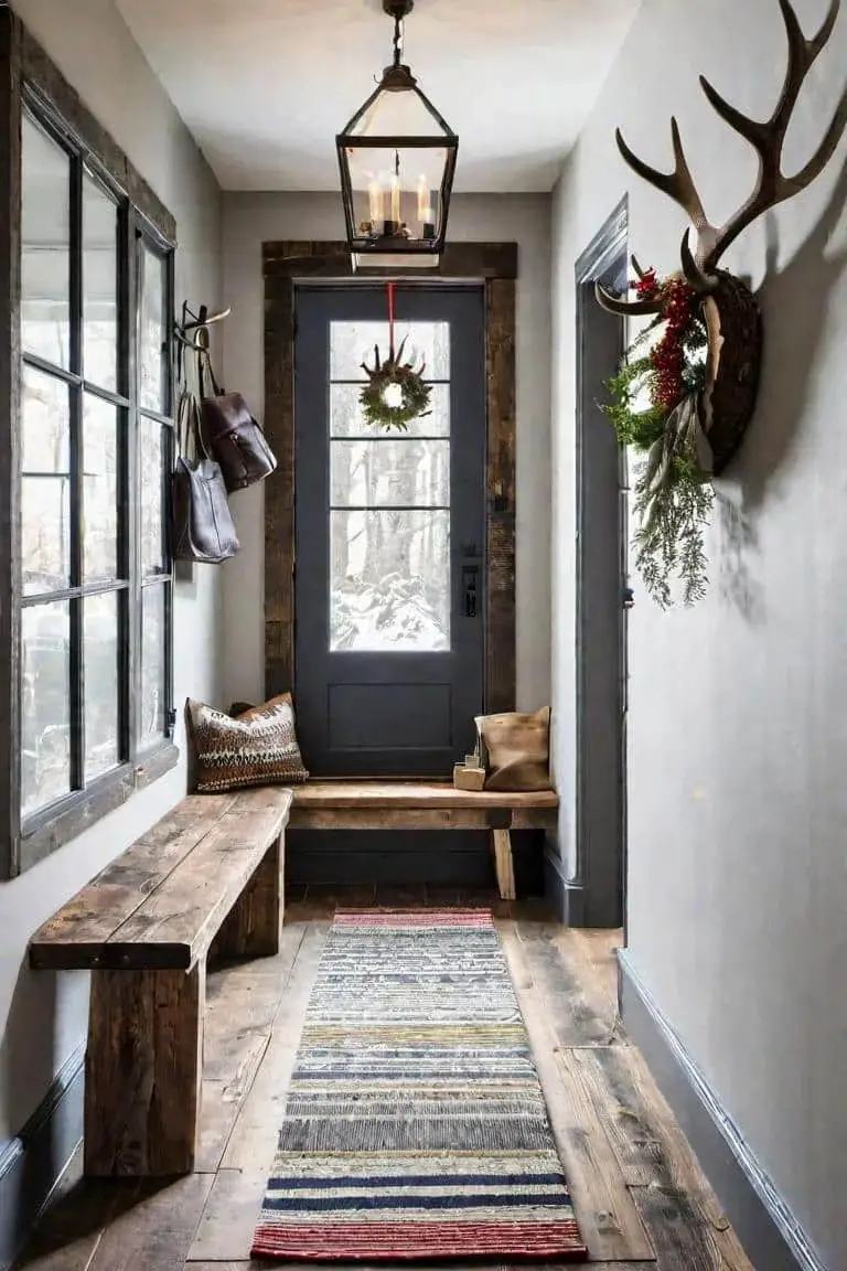 Rustic Small Hallway With Reclaimed Wood Bench And Antler Decor