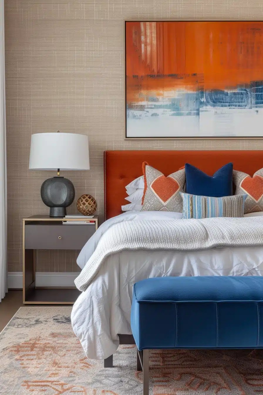 Sophisticated Blue and Orange Bedroom