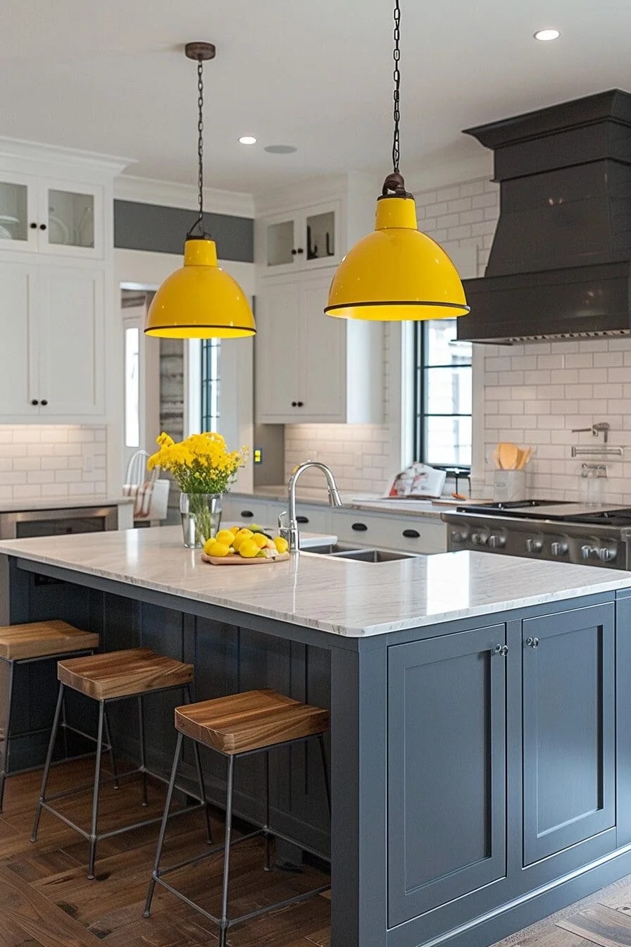 Yellow Pendant Lights over a Kitchen Island