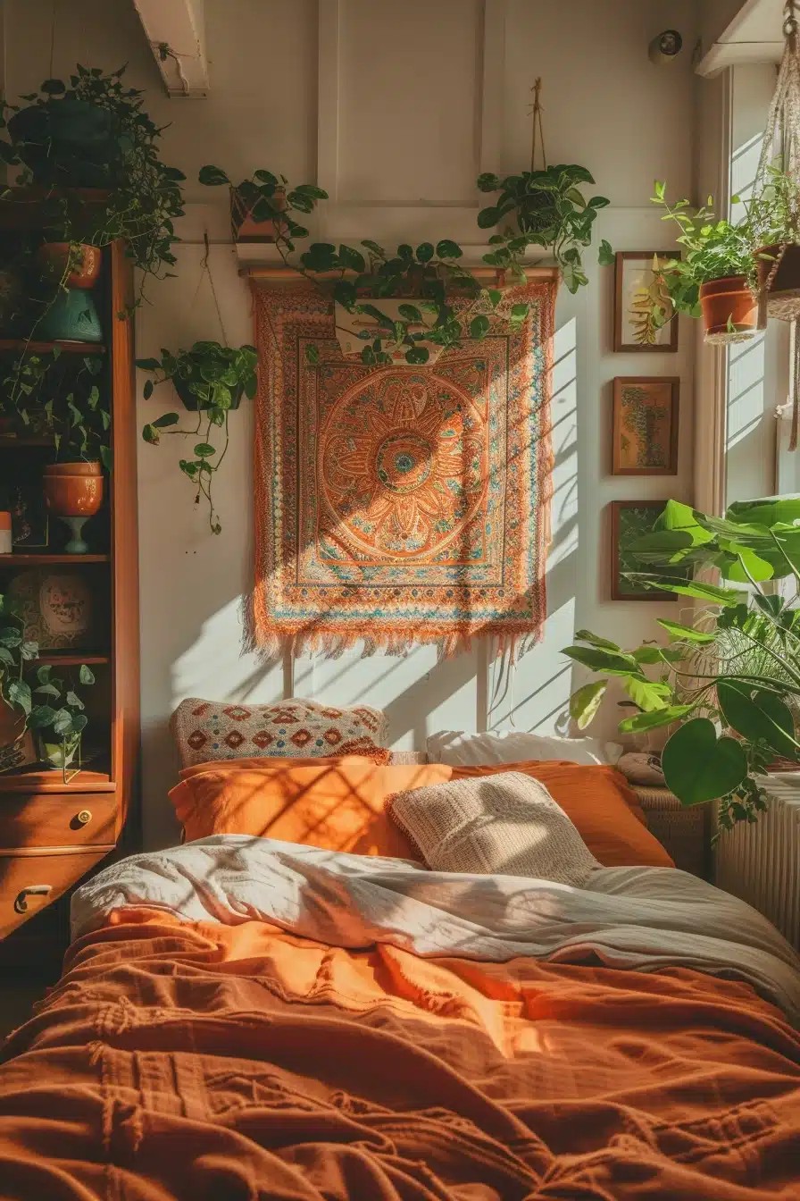 Earthy Blue and Orange Bedroom