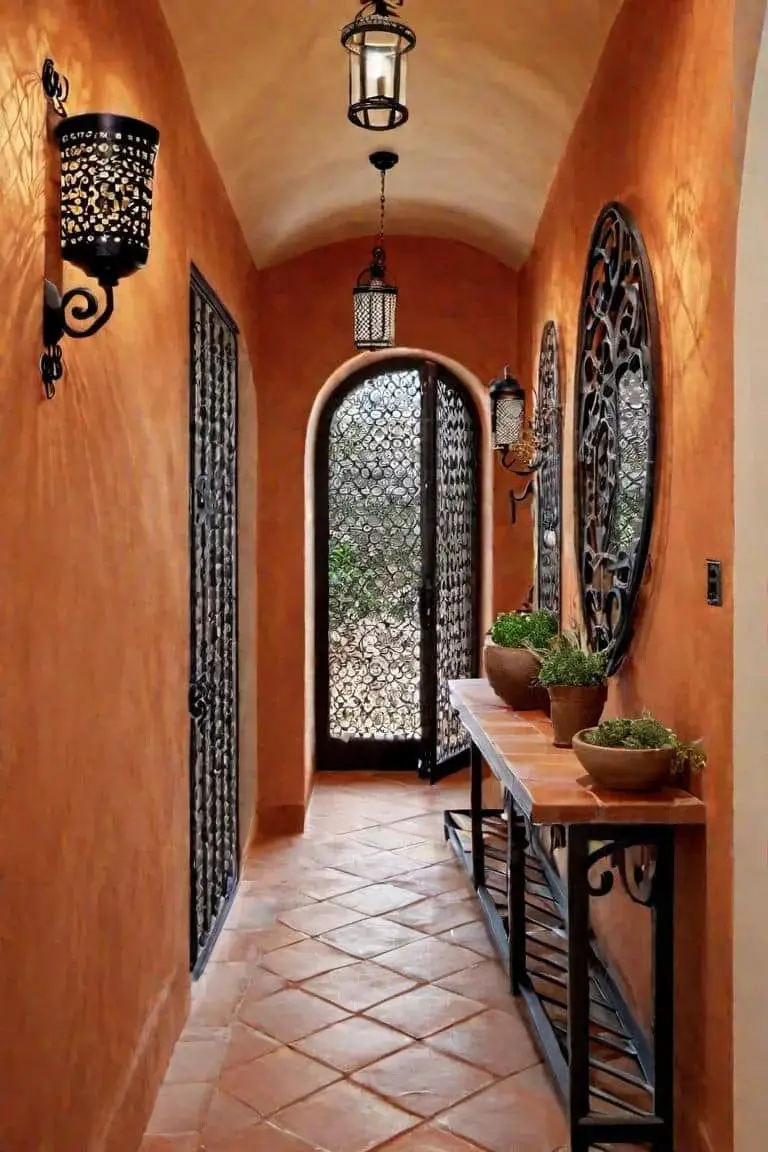 Mediterranean Small Hallway With Terracotta Tiles And Iron Sconces