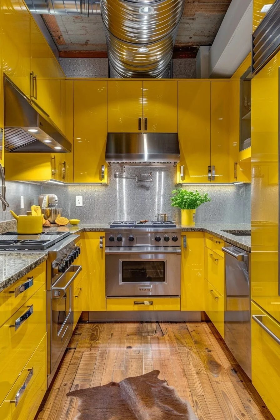 Yellow Kitchen with Stainless Steel Appliances